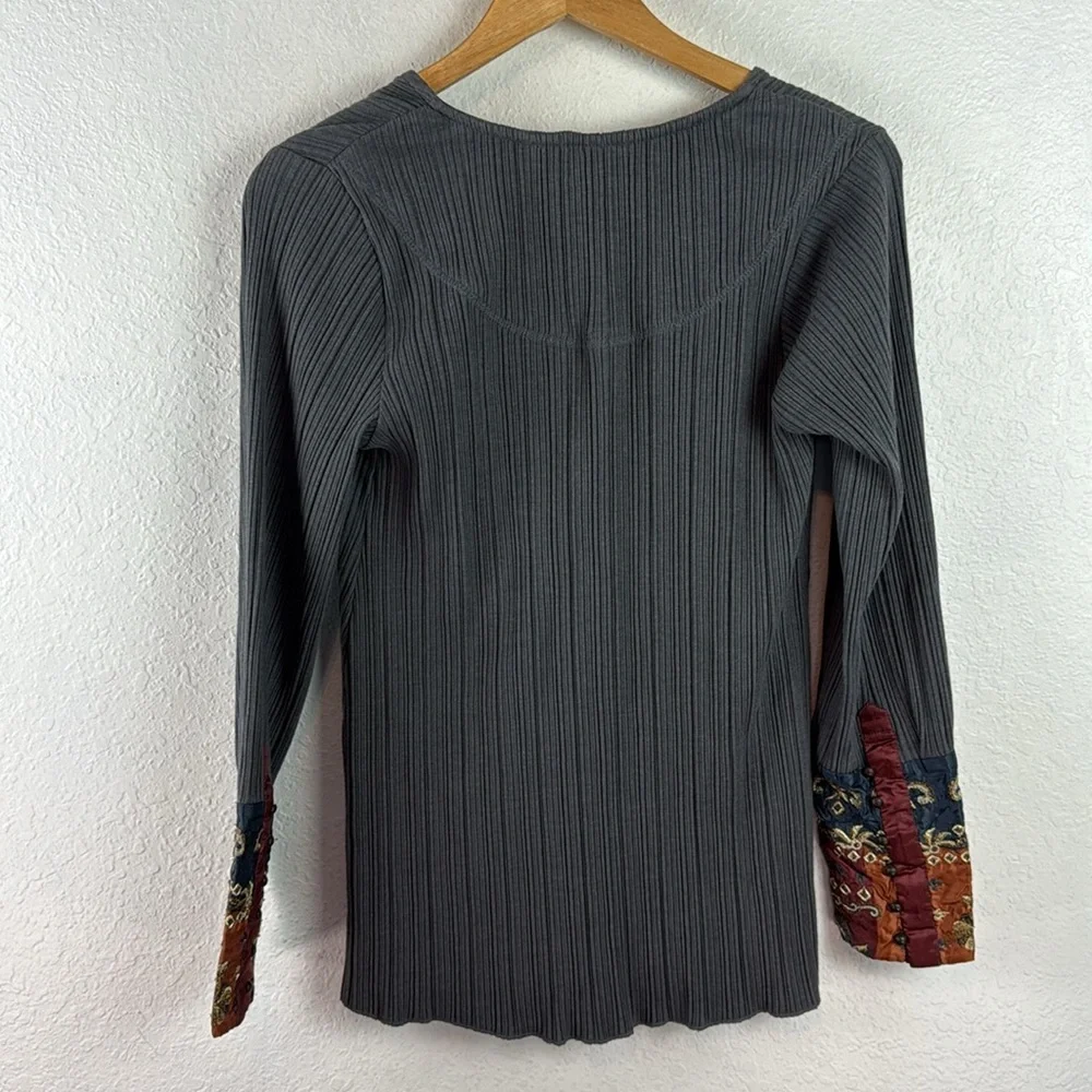 Soft Surroundings Gray Embroidered Long Sleeve ribbed boho oversized Henley top - Picture 7 of 7